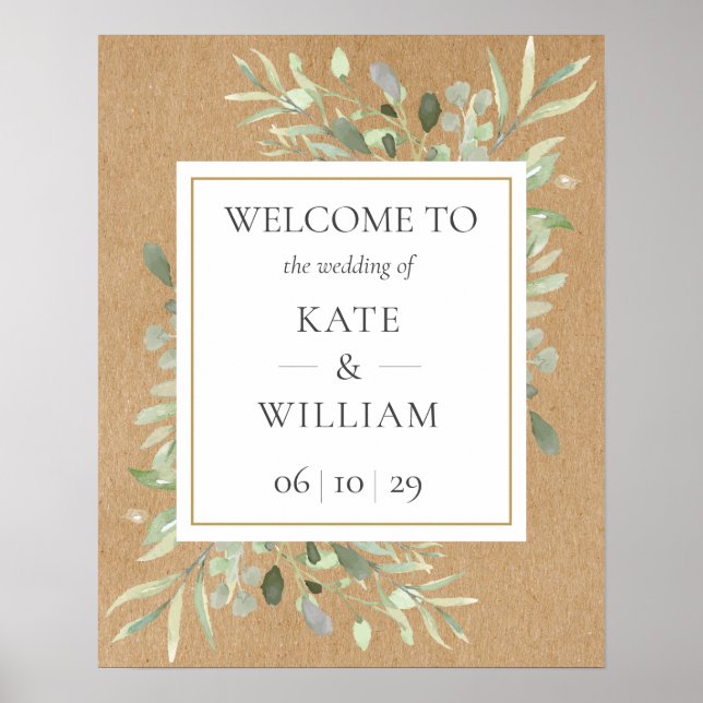 Poster Placa de Boas-Vindas de Casamento com Folhas de Ve (Frente)
