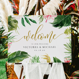 Poster Placa de Boas-Vindas de Casamento com Folhas Tropi
