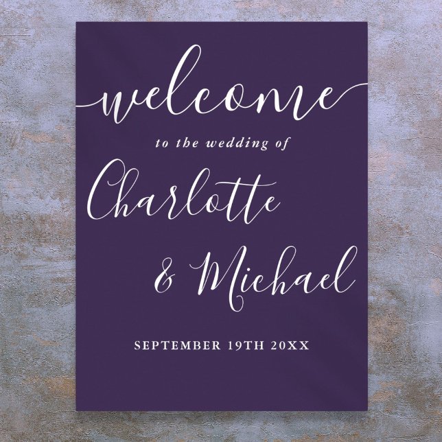 Poster Placa de Boas-Vindas de Casamento com Letra de Ass (Purple Signature Script Wedding Welcome Sign)