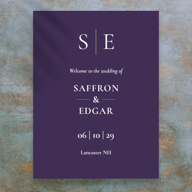 Poster Placa de Boas-Vindas de Casamento com Monograma Ro (Purple And Gold Monogram Wedding Welcome Sign)