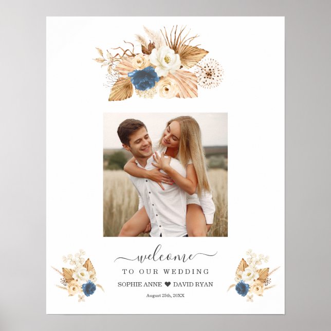 Poster Placa de Boas-Vindas de Casamento com Rosas Azuis  (Frente)