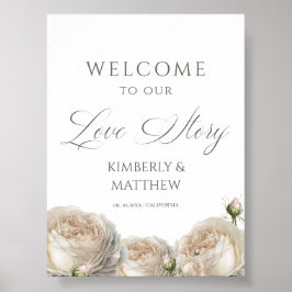 Poster Placa de Boas-Vindas de Casamento com Rosas Branca