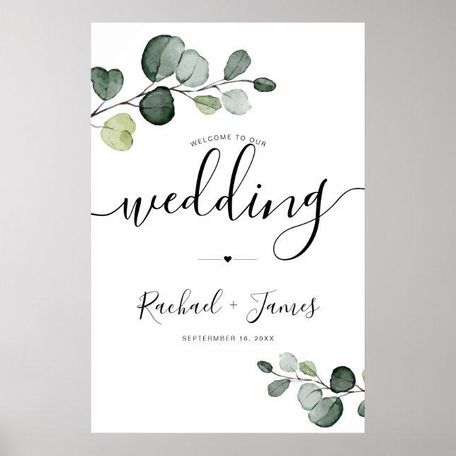Poster Placa de Boas-Vindas de Casamento com Verde de Euc (Frente)