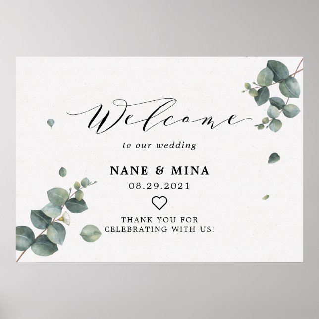 Poster Placa de Boas-Vindas de Casamento de Eucalipto Ele (Frente)