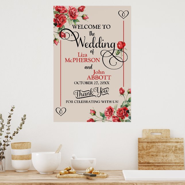 Poster Placa de Boas-Vindas de Casamento de Rosas Vermelh (Cozinha)