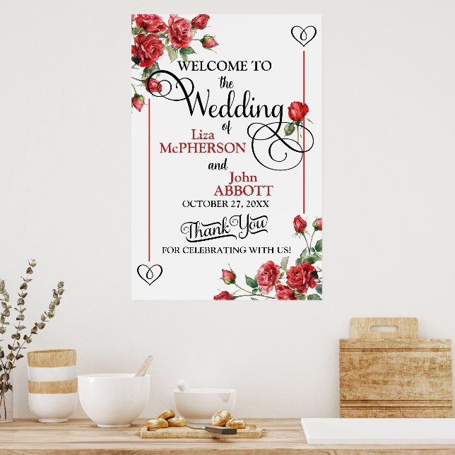 Poster Placa de boas-vindas de casamento de rosas vermelh (Cozinha)
