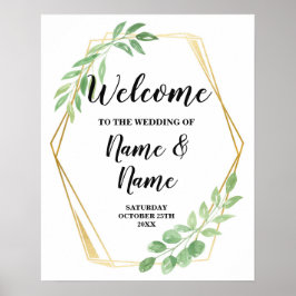 Poster Placa de Boas-Vindas de Casamento Dourada com Folh