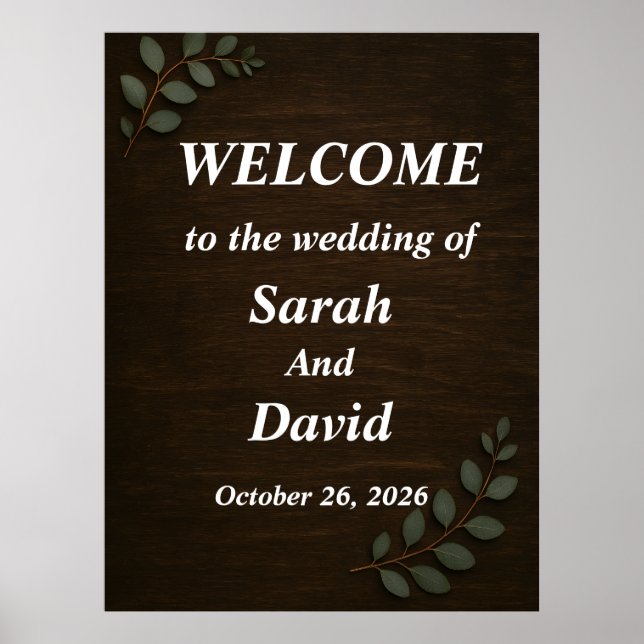 Poster Placa de Boas-Vindas de Casamento em Madeira Rústi (Frente)