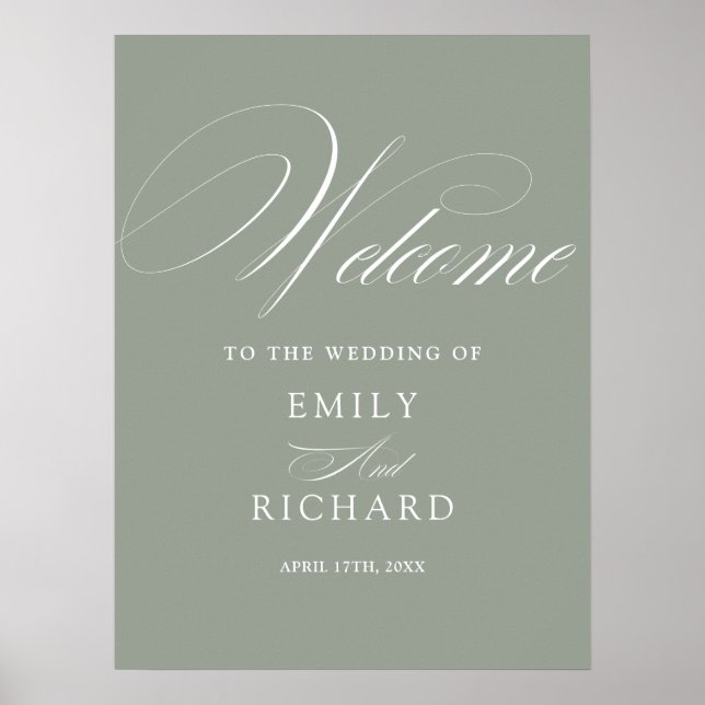 Poster Placa de Boas-Vindas de Casamento em Verde Sage co (Frente)
