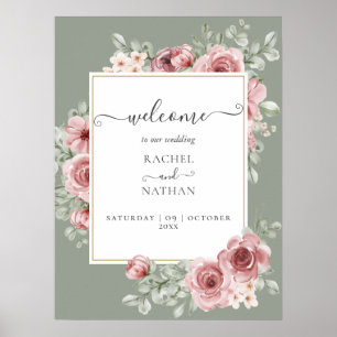 Poster Placa de Boas-Vindas de Casamento em Verde Sage Fl