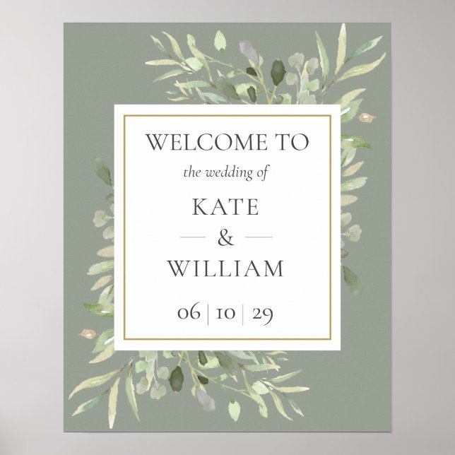 Poster Placa de Boas-Vindas de Casamento em Verde Sage Fo (Frente)