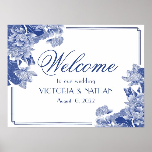 Poster Placa de Boas-Vindas de Casamento Floral Azul Chin (Frente)