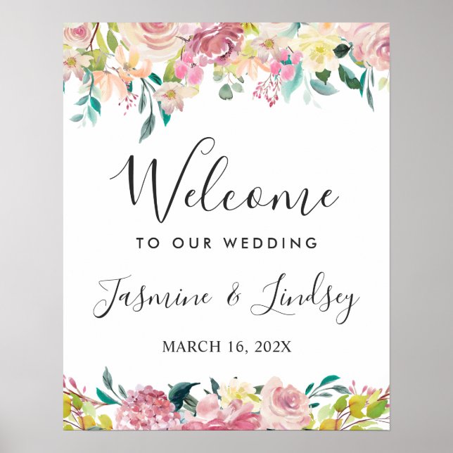Poster Placa de Boas-Vindas de Casamento Floral Blush (Frente)