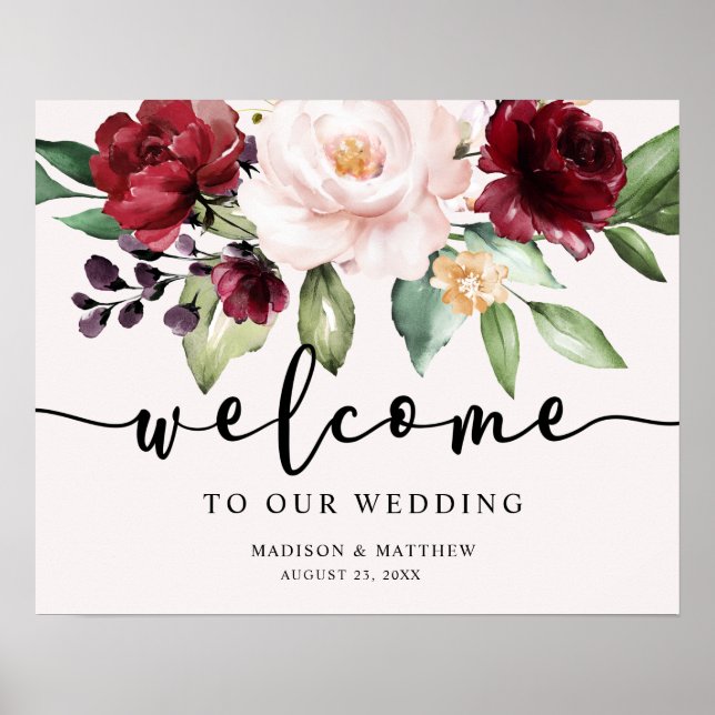 Poster Placa de Boas-Vindas de Casamento Floral Borgonha  (Frente)