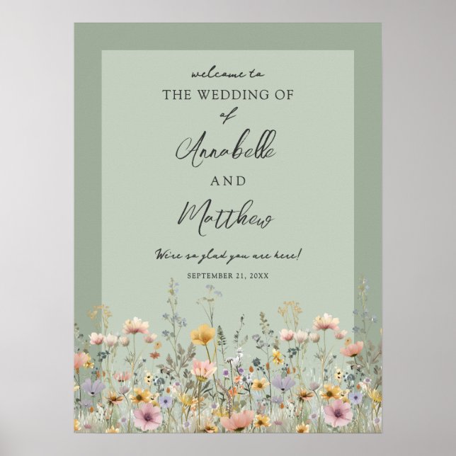 Poster Placa de Boas-Vindas de Casamento Floral com Flore (Frente)