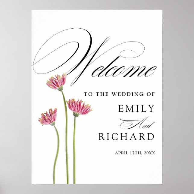 Poster Placa de Boas-Vindas de Casamento Floral com Letra (Frente)