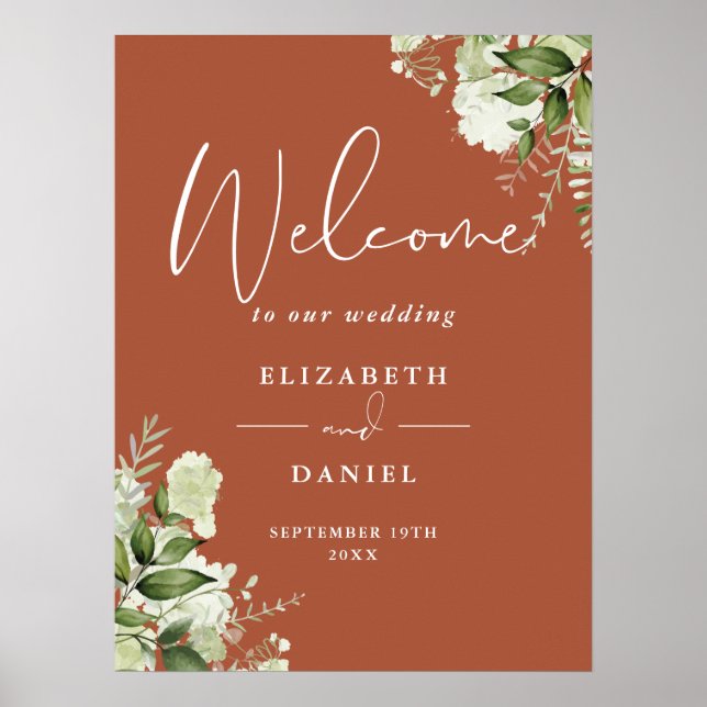 Poster Placa de Boas-Vindas de Casamento Floral com Verde (Frente)