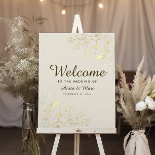 Poster Placa de Boas-Vindas de Casamento Floral em Dourad