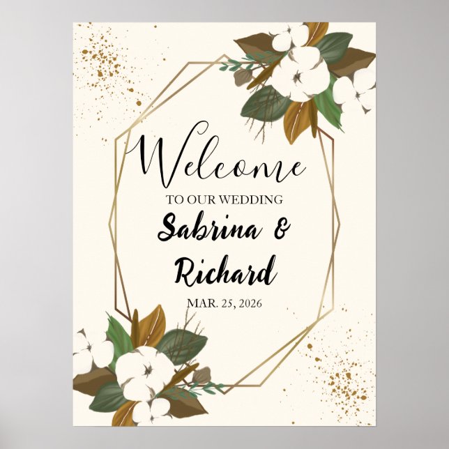 Poster Placa de Boas-Vindas de Casamento Floral Marrom e  (Frente)