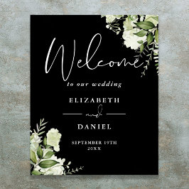 Poster Placa de Boas-Vindas de Casamento Floral Preto Bra