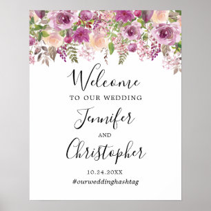 Póster Placa de Boas-Vindas de Casamento Floral Roxo Viol