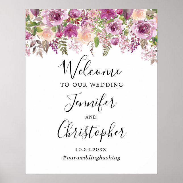 Póster Placa de Boas-Vindas de Casamento Floral Roxo Viol (Frente)