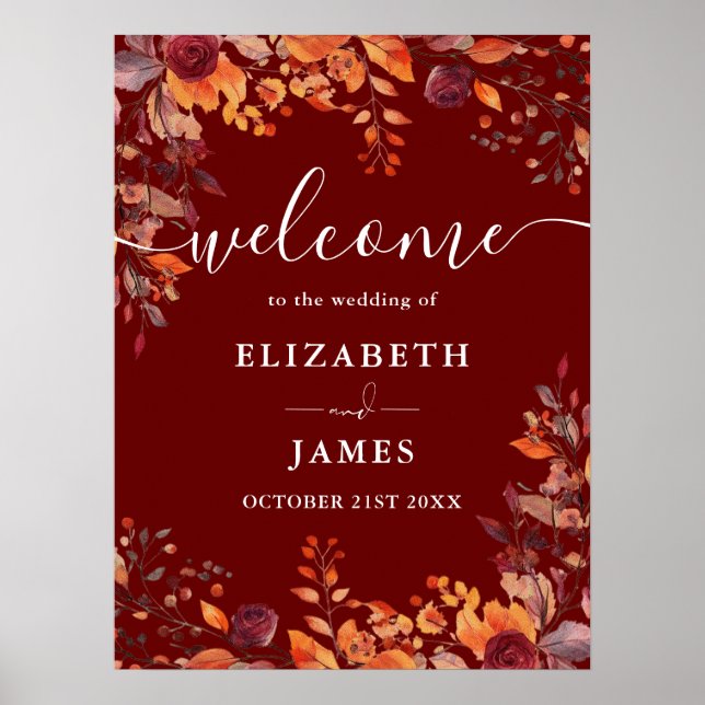 Poster Placa de Boas-Vindas de Casamento Floral Rústico B (Frente)