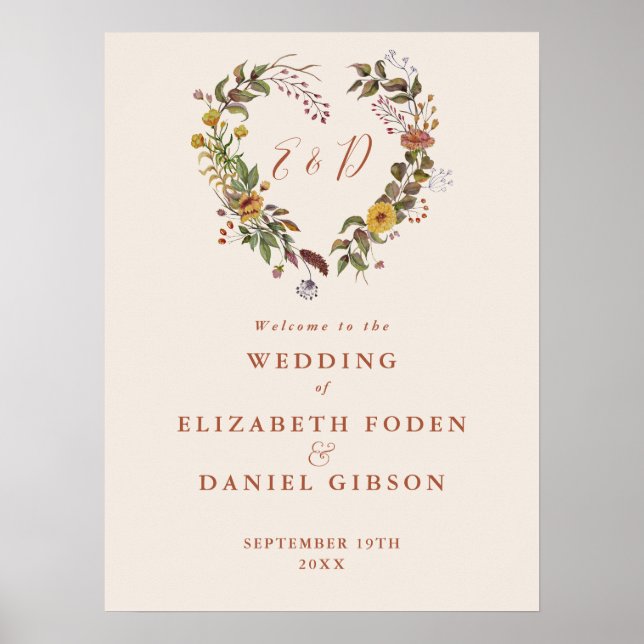Poster Placa de Boas-Vindas de Casamento Floral Rústico d (Frente)