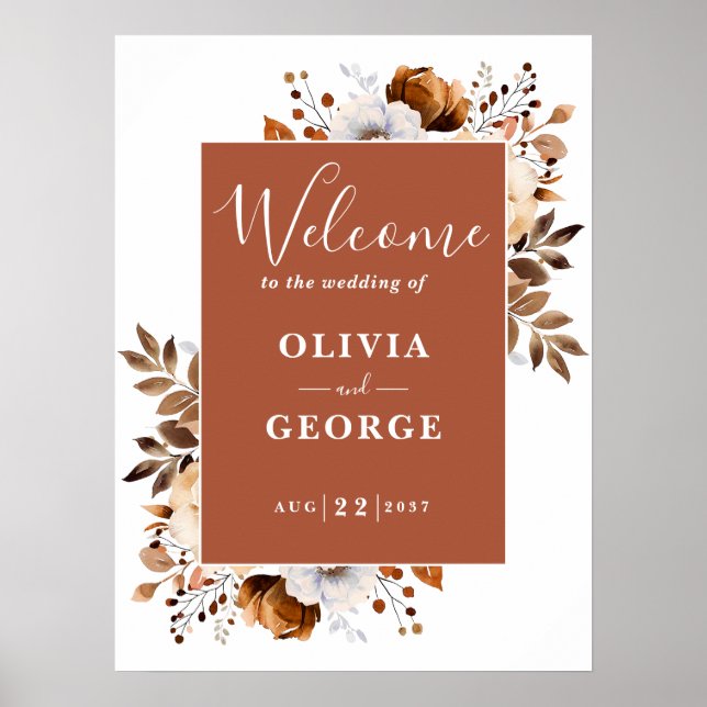 Poster Placa de Boas-Vindas de Casamento Floral Rústico d (Frente)