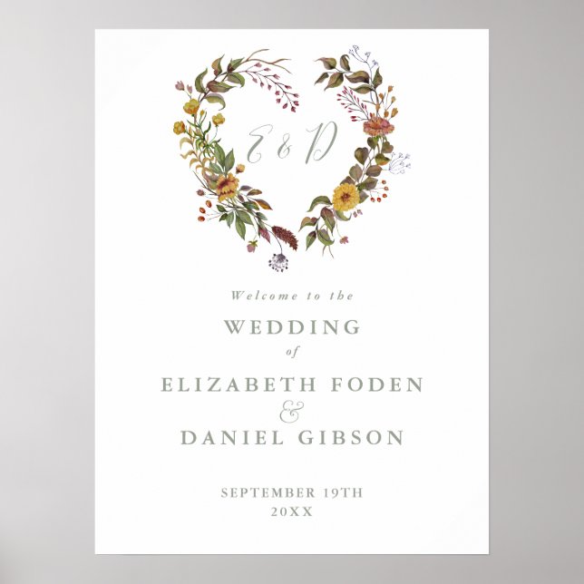 Poster Placa de Boas-Vindas de Casamento Floral Rústico e (Frente)