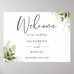 Poster Placa de Boas-Vindas de Casamento Floral Verde
