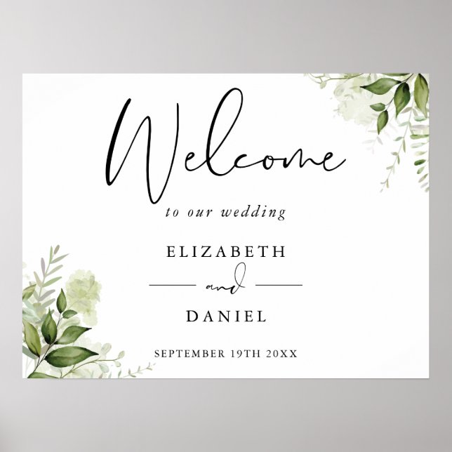 Poster Placa de Boas-Vindas de Casamento Floral Verde (Frente)
