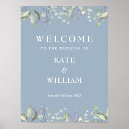 Poster Placa de Boas-Vindas de Casamento Floral Verde Azu