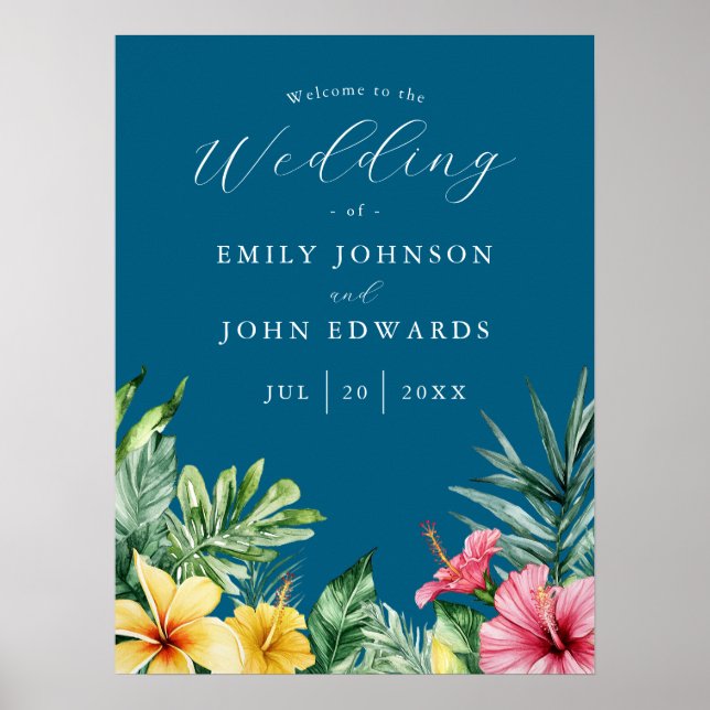 Poster Placa de Boas-Vindas de Casamento Flores Tropicais (Frente)