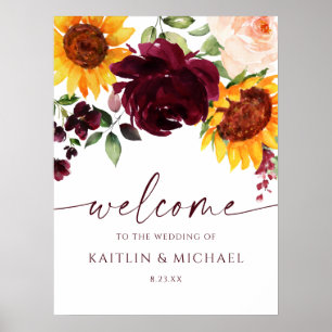 Poster Placa de Boas-Vindas de Casamento Girassóis Rosa B
