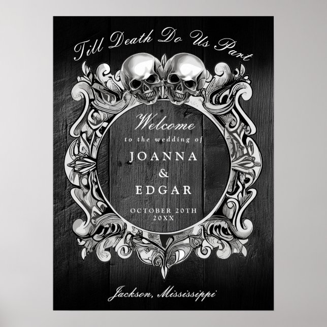 Poster Placa de Boas-Vindas de Casamento Gótico Caveiras  (Frente)