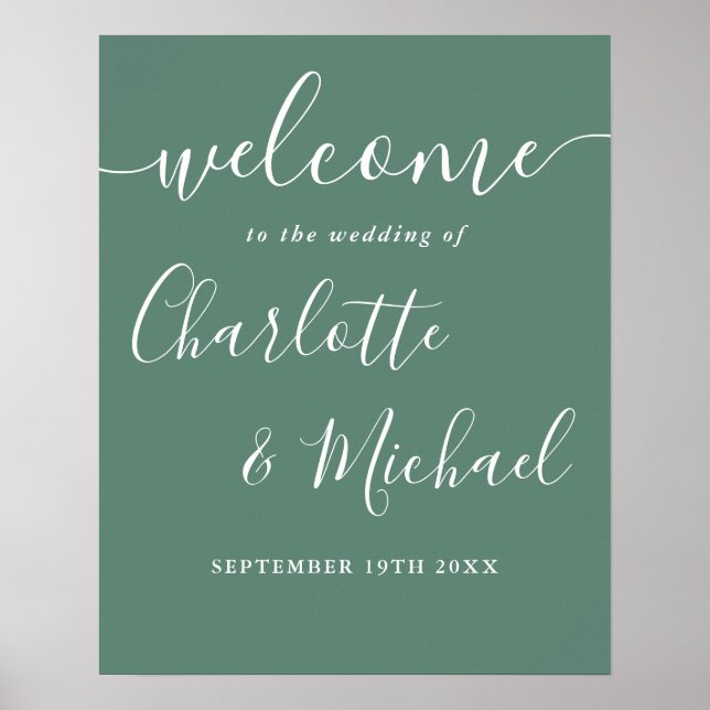 Poster Placa de Boas-Vindas de Casamento Moderna em Verde (Frente)