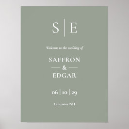Poster Placa de Boas-Vindas de Casamento Monograma Verde 