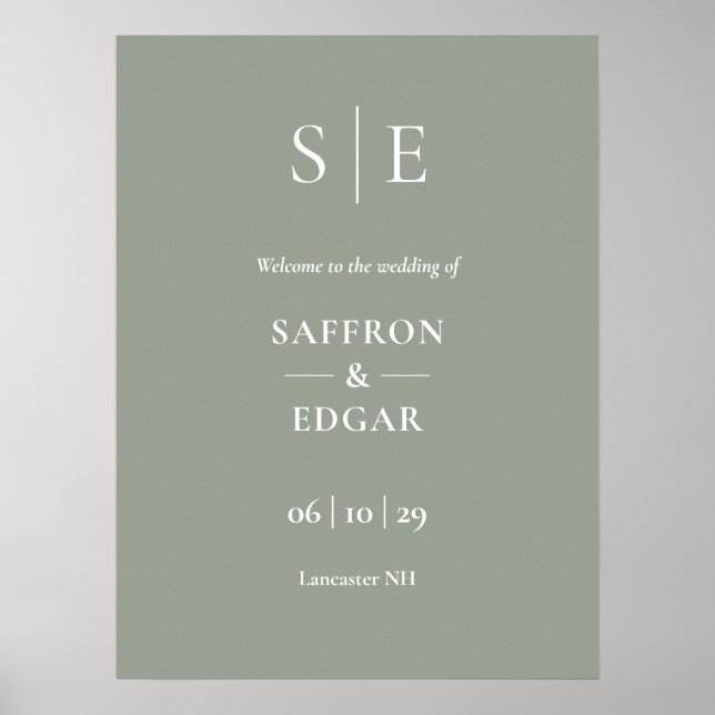 Poster Placa de Boas-Vindas de Casamento Monograma Verde  (Frente)