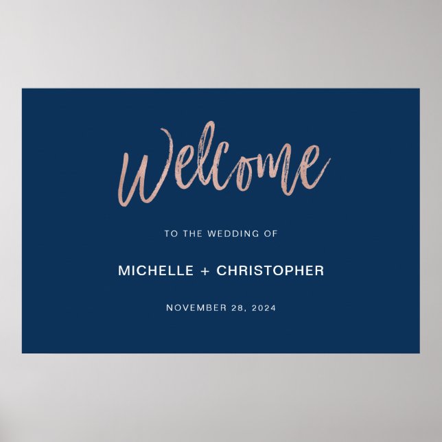Poster Placa de Boas-Vindas de Casamento Navy & Rose Gold (Frente)