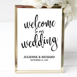 Póster Placa de Boas-Vindas de Casamento Preta e Branca 2