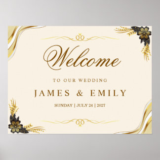 Poster Placa de boas-vindas de casamento preto e dourado 