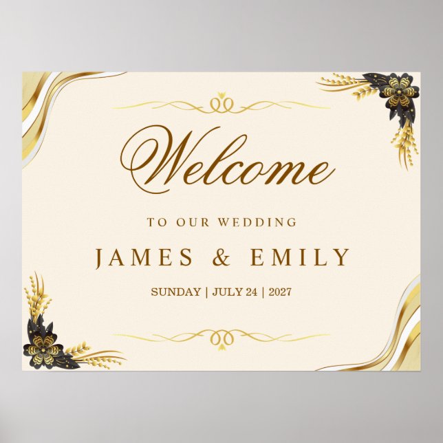 Poster Placa de boas-vindas de casamento preto e dourado  (Frente)