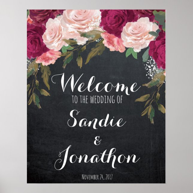Póster Placa de boas-vindas de casamento quadro-negro flo (Frente)