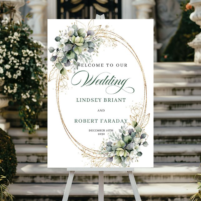 Poster Placa de Boas-Vindas de Casamento Romântica em Ver (Romantic Green and Gold Wedding Welcome Sign)