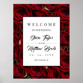 Poster Placa de Boas-Vindas de Casamento Rosas Dourado Es