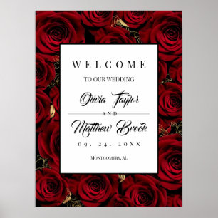 Poster Placa de Boas-Vindas de Casamento Rosas Dourado Es