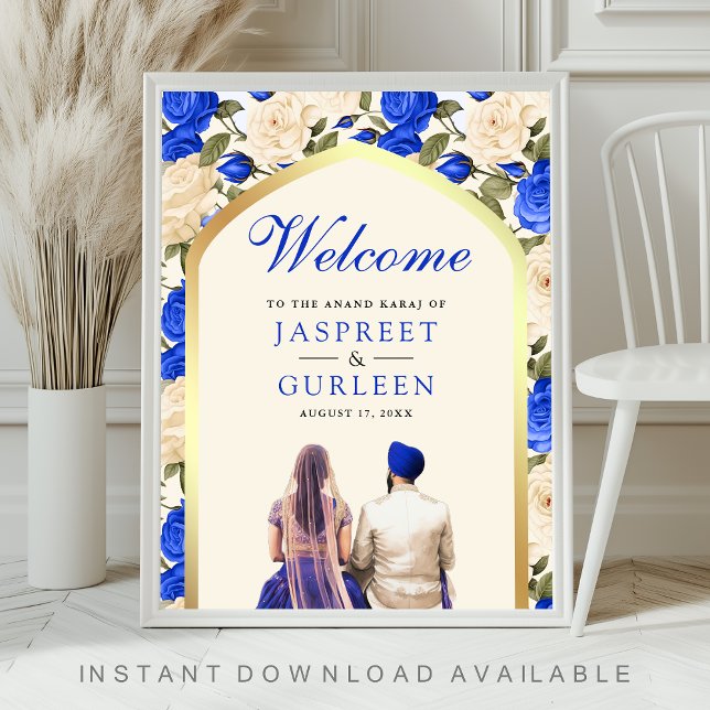 Poster Placa de Boas-Vindas de Casamento Royal Blue Flora (Criador carregado)
