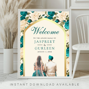 Poster Placa de Boas-Vindas de Casamento Teal Ivory Flora