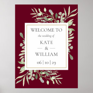 Poster Placa de Boas-Vindas de Casamento Verde Burgundy